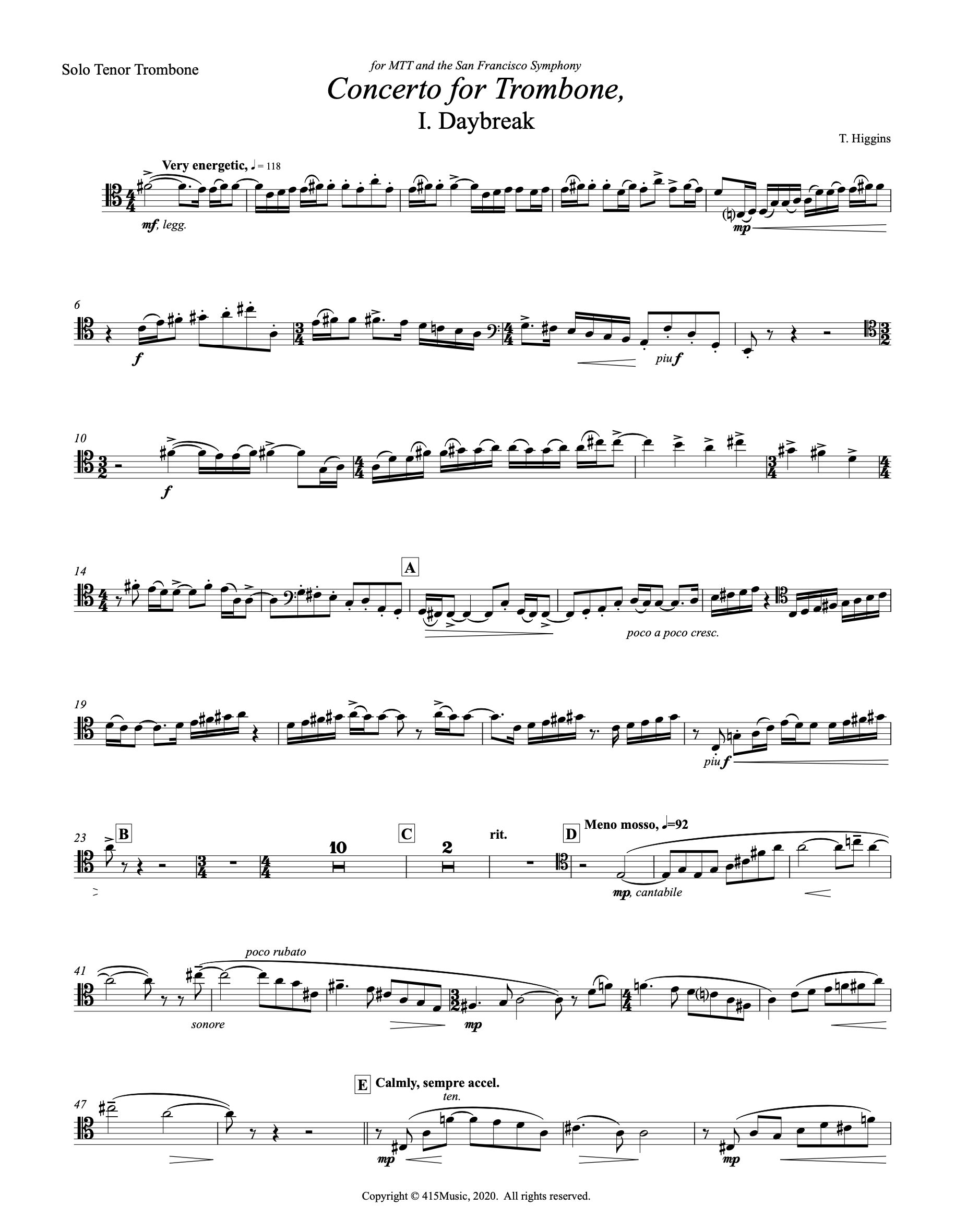 トロンボーン協奏曲 楽譜 Higgins スコア Higgins, T. - Concerto for Trombone (piano reduction) — 415Music